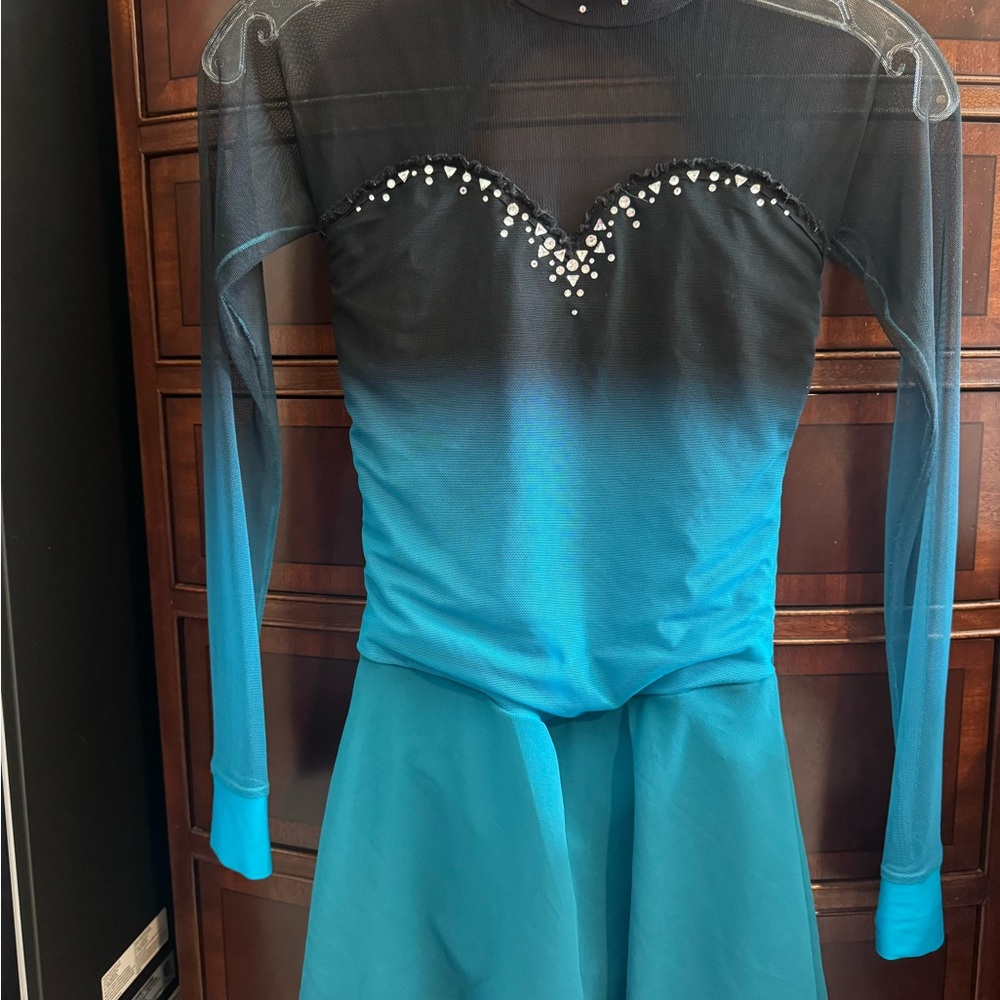 Blue and Black Long Sleeve Figure Skating Dress with Rhinestones